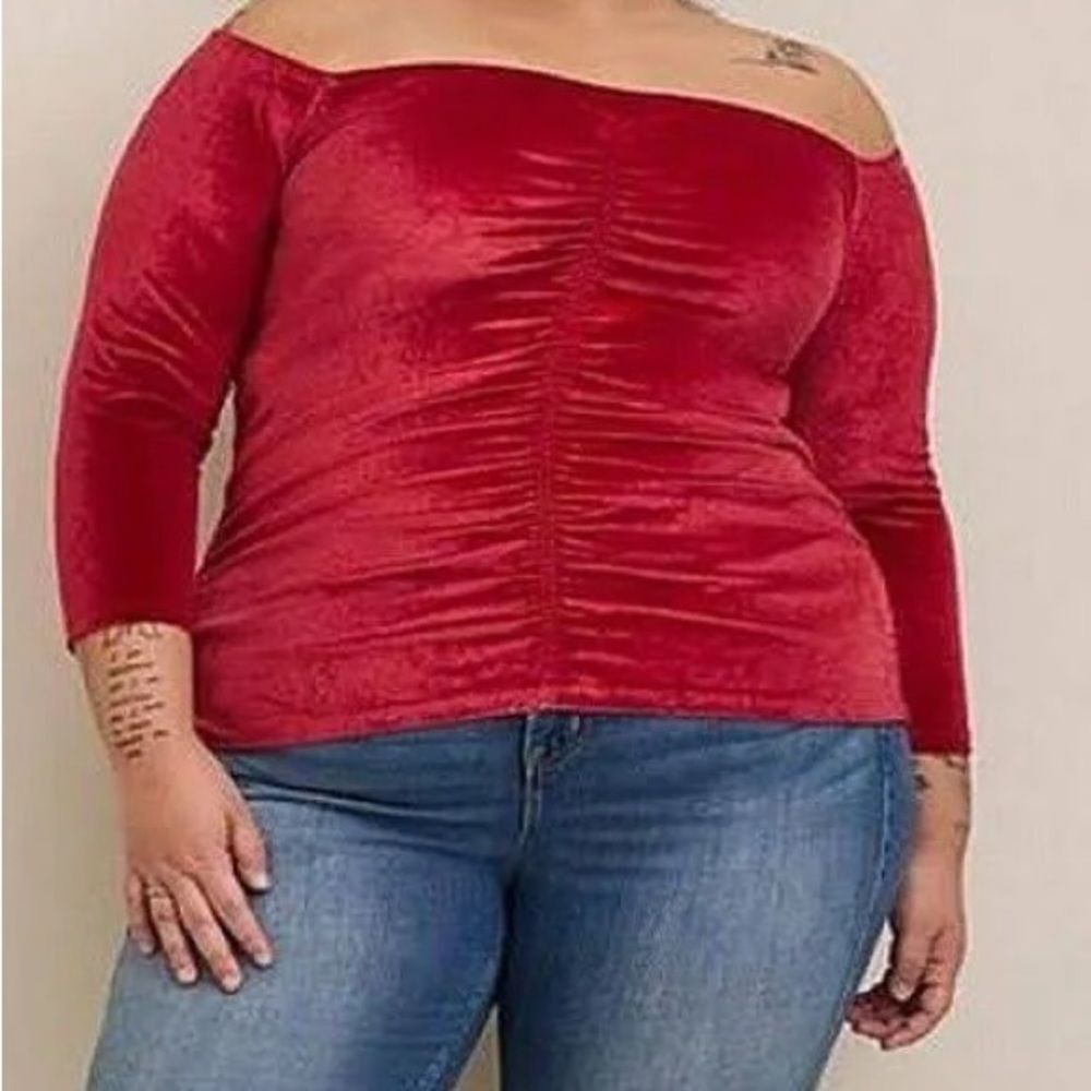 Torrid Velvet Shirred Front Off The Shoulder Long Sleeve Top Plus Size
